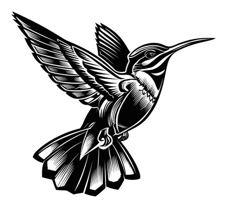 Engaging black and white linocut illustration of a hummingbird in flight, showcasing intricate details and strong lines, perfect for art enthusiasts and nature lovers.のイラスト素材