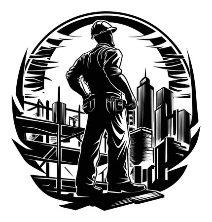 A striking linocut engraving depicting a construction worker's silhouette gazing at a bustling city skyline, symbolizing strength, ambition, and the spirit of the labor force.のイラスト素材
