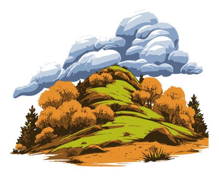 Explore this modern hand-drawn nature illustration featuring a serene hill, lush trees, and vibrant clouds, perfect for art projects or backgrounds.のイラスト素材