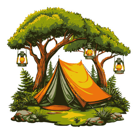 Discover a vibrant illustration depicting a modern camping scene with a tent, lanterns, and lush trees. Perfect for nature lovers and outdoor enthusiasts.のイラスト素材