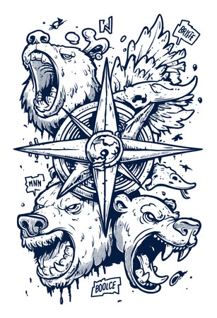 This hand-drawn illustration features fierce bear heads surrounding a compass, blending elements of adventure and nature. Perfect for designs needing a wild, rugged aesthetic.のイラスト素材
