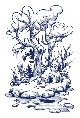 This hand-drawn illustration captures a whimsical snowy landscape featuring trees and a frozen pond, showcasing creativity and charm with playful elements.のイラスト素材