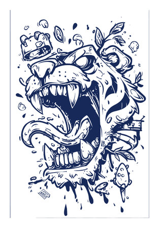 This hand-drawn illustration captures a fierce lion roaring with vibrant blue ink, showcasing expressive features and creative details that bring wild nature to life.のイラスト素材