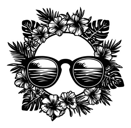 Artistic engraving of stylish sunglasses framed by lush tropical flowers and leaves. Ideal for summer vibes, beach themes, and vibrant lifestyle projects.のイラスト素材
