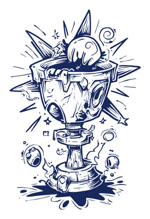 This hand-drawn illustration features a trophy adorned with splashes and stars, perfect for celebrating achievements in sports or competitions.のイラスト素材