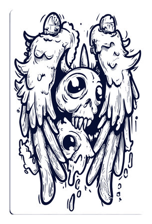 This hand-drawn illustration features a unique skull design with whimsical wings, blending dark and playful elements. Ideal for creative projects.のイラスト素材