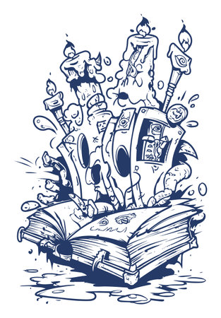 This hand-drawn illustration features a magical book surrounded by candles and quills, evoking a sense of creativity and adventure. Perfect for fantasy-themed projects.のイラスト素材