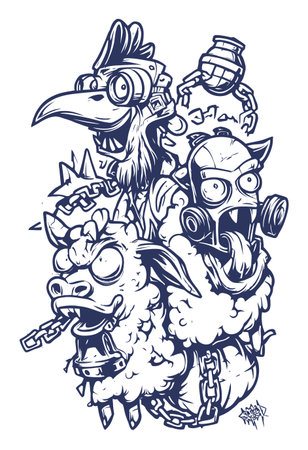 Explore this unique hand-drawn illustration featuring quirky animal characters adorned with fun accessories. Perfect for creative projects!のイラスト素材