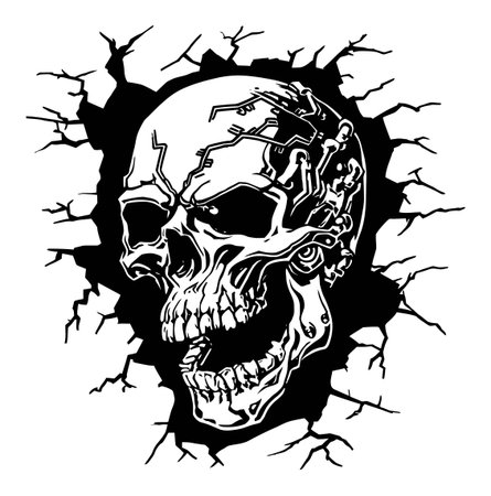 This artistic engraving features a striking cybernetic skull bursting through a wall. A blend of modern technology and horror elements creates a visually captivating design.のイラスト素材