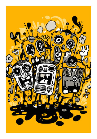 Vibrant doodle artwork featuring fun cartoon robots with expressive faces set against a yellow...