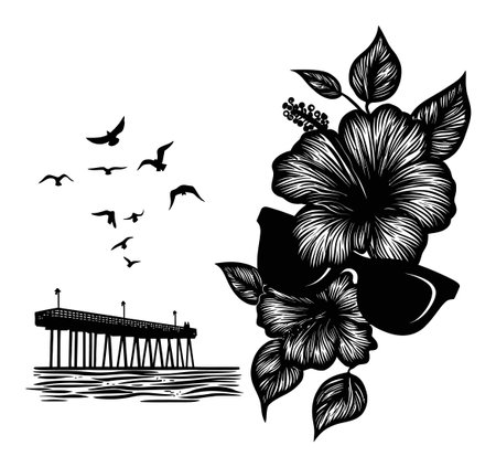 A stunning black and white engraving featuring a pier, hibiscus flowers, and birds in flight. Perfect for illustrating serene coastal beauty and tropical vibes.のイラスト素材