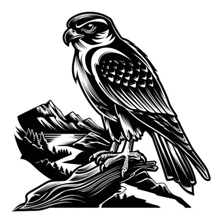 Captivating engraving of a hawk perched on a rocky surface, surrounded by majestic mountains. A striking black-and-white illustration showcasing wildlife beauty.のイラスト素材