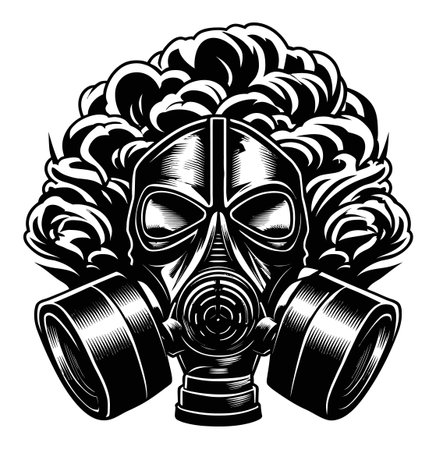 Explore a striking black and white engraving showcasing a gas mask surrounded by swirling smoke. This bold artwork combines abstract design and urban elements, perfect for themes of safety and dystopia.のイラスト素材
