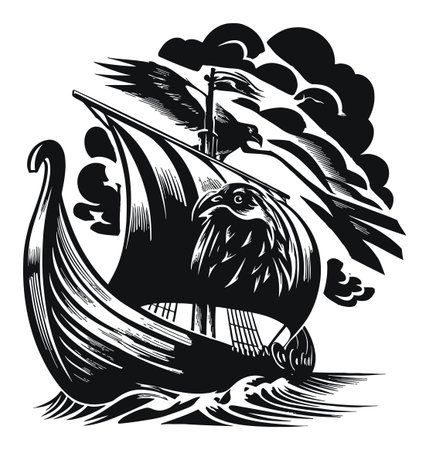 This captivating black and white engraving features a Viking ship sailing through dramatic clouds, adorned with a prominent bird motif. Ideal for nautical themes.のイラスト素材