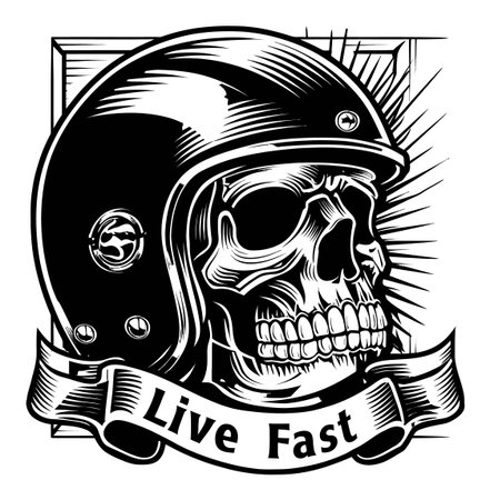 This striking engraving features a skull adorned with a helmet, coupled with the bold inscription "Live Fast." Perfect for tattoo designs or motorcycle-themed art.のイラスト素材