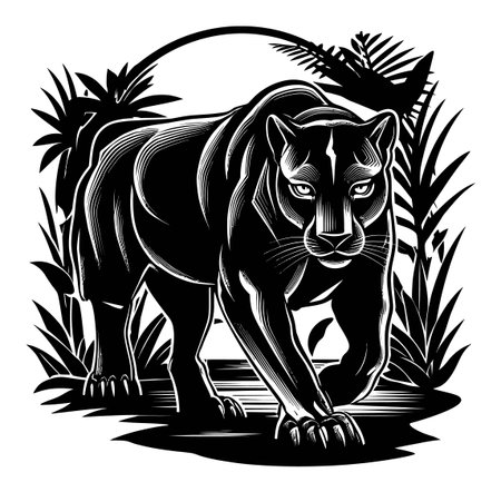 Discover a striking black panther engraving artwork, showcasing the beauty and power of this majestic animal, surrounded by lush tropical foliage. Perfect for wildlife enthusiasts.のイラスト素材