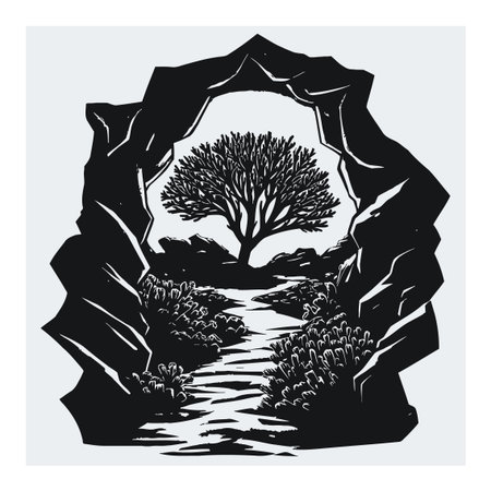 This engraving depicts a serene scene with a rock arch framing a tree, surrounded by lush plants. The artwork captures tranquility and harmony with nature.のイラスト素材