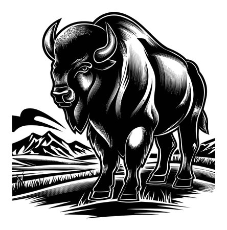 This striking engraving features a powerful bison set against a stunning natural landscape, showcasing its majesty and beauty in black and white detail.のイラスト素材