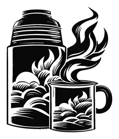 This vintage engraving features a coffee cup alongside a shaker, with swirling steam rising, capturing the essence of warm brews and cozy moments.のイラスト素材