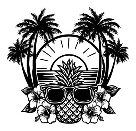 Explore a vibrant tropical engraving featuring a pineapple wearing sunglasses, framed by palms and a sunset. Perfect for summer decor and beach-themed projects.のイラスト素材