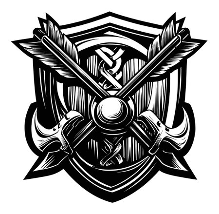 This striking engraved shield emblem features axes crossed with wings, ideal for creative projects. Perfect for designs needing a touch of heritage and strength.のイラスト素材