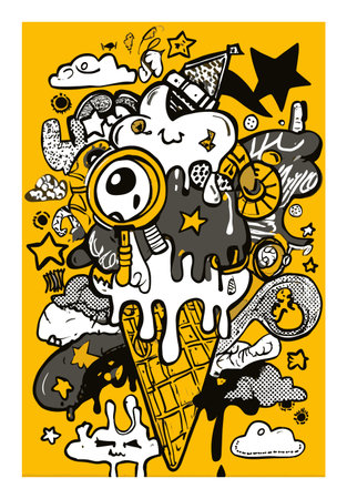 This vibrant doodle art showcases a whimsical ice cream cone surrounded by colorful stars and clouds, exuding a playful and creative vibe perfect for various designs.のイラスト素材