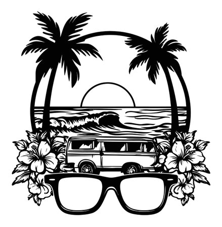 This vintage-style engraving showcases a serene sunset beach scene featuring palm trees, waves, a van, and sunglasses, perfect for summer vibes and travel themes.のイラスト素材