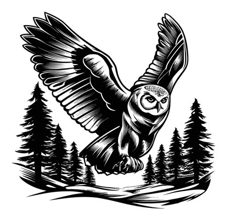 Stunning black and white engraving showcases an owl in flight, surrounded by tall pine trees. Perfect for nature lovers and art enthusiasts, this detailed illustration captures the beauty of wildlife.のイラスト素材