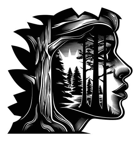 A stunning engraving illustrating a woman's profile intertwined with serene forest scenery, capturing the essence of nature and artistic creativity in a harmonious design.のイラスト素材