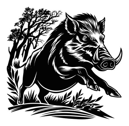 This striking black and white engraving depicts a wild boar leaping through a natural setting. The detailed design captures the creature's fierce expression and dynamic motion.のイラスト素材