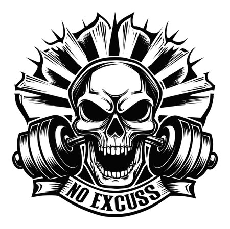 This powerful engraving features a fierce skull with a barbell, embodying strength and determination with the phrase "No Excuss." Perfect for fitness enthusiasts.のイラスト素材