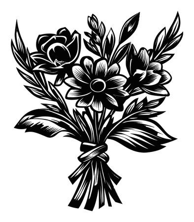 This detailed floral engraving features a beautiful bouquet with various flowers and leaves. Perfect for art enthusiasts, this design embodies nature's elegance and craftsmanship.のイラスト素材