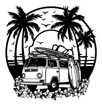 This artistic engraving showcases a retro van with surfboards, flanked by palm trees against a coastal sunset. Perfect for summer vibes and beach enthusiasts.のイラスト素材