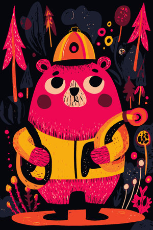 This illustration features a cheerful pink cartoon bear wearing a yellow vest, set against a...