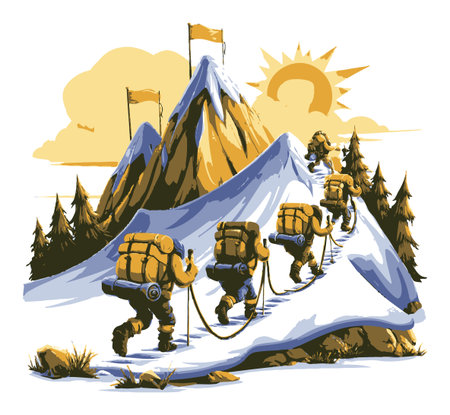A vibrant scene depicting adventurous climbers making their way up a snowy mountain. The backdrop features tall peaks and waving flags, symbolizing triumph and teamwork in nature.のイラスト素材