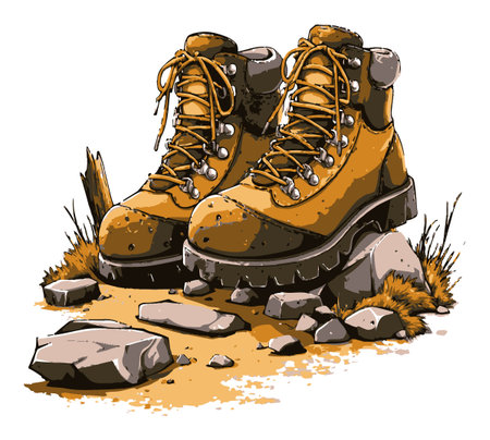 This illustration features a pair of rugged hiking boots resting on rocky terrain, embodying adventure and outdoor exploration. Ideal for themes of travel and nature.のイラスト素材