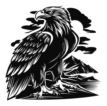 Discover a stunning black and white engraving of a majestic eagle standing proudly in its natural habitat. This artwork captures the essence of wilderness and freedom.のイラスト素材