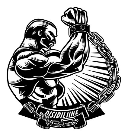 This striking engraving depicts a muscular man breaking free from chains, symbolizing liberation and strength. The black and white design captures emotion and resilience, making it a powerful statement piece.のイラスト素材