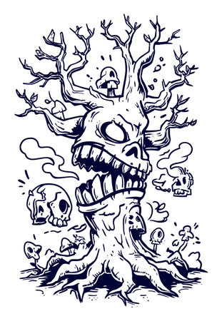 This hand-drawn illustration features a creepy skull tree surrounded by mushrooms and ghostly figures. Perfect for fantasy and horror-themed projects, it captures a unique blend of nature and the supernatural.のイラスト素材