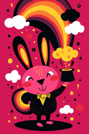 Adorable cartoon rabbit magician with a vibrant rainbow, whimsical clouds, and playful expression, perfect for children's illustrations or designs.のイラスト素材