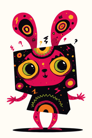 A vibrant and playful cartoon rabbit character with oversized eyes and a whimsical design. Ideal for children's projects, art, and fun illustrations.のイラスト素材