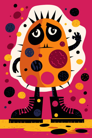 This whimsical cartoon character features spikes and colorful dots on a bright pink background. Ideal for playful designs, children's projects, and fun art themes.のイラスト素材