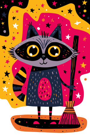 Adorable cartoon raccoon character holds a broom against a vibrant, star-filled background. Perfect for childrens decor, illustrations, or fun graphic art projects.のイラスト素材