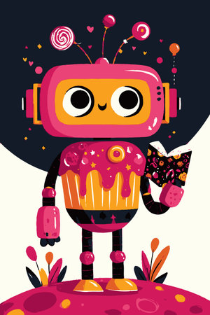 This vibrant and cheerful cartoon robot holds a cupcake and a book, embodying joy and creativity. A whimsical design perfect for children's content and playful themes.のイラスト素材
