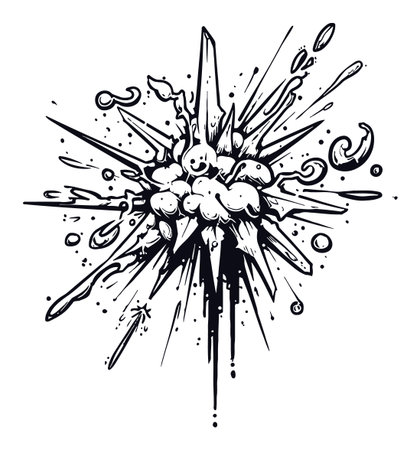 This unique hand-drawn illustration captures an explosive burst with dynamic energy. Perfect for visual projects needing an impactful artistic touch.のイラスト素材