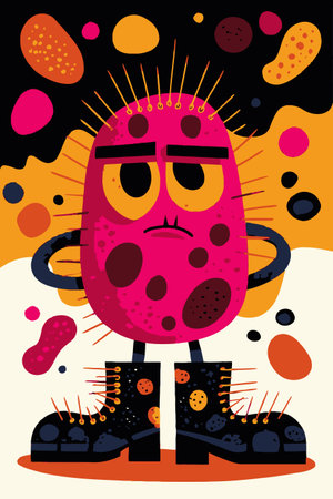 This colorful cartoon character features a quirky figure in stylish boots against an abstract backdrop. Ideal for creative projects needing fun and vibrant visuals.のイラスト素材