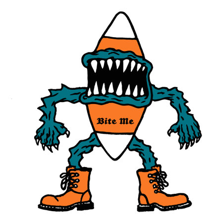 A playful monster character featuring a vibrant candy corn body, oversized teeth, and orange boots. Ideal for Halloween-themed designs and fun illustrations.のイラスト素材
