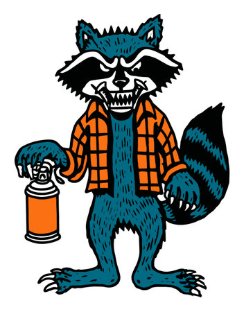 Illustrated raccoon character holding a spray can, embodying an urban and rebellious vibe. Vibrant colors create an engaging and playful street art aesthetic.のイラスト素材