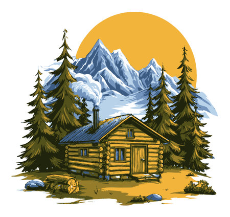 Experience the enchantment of a cozy log cabin nestled in majestic mountains. Surrounded by tall pine trees, this serene scene invites adventure and exploration.のイラスト素材