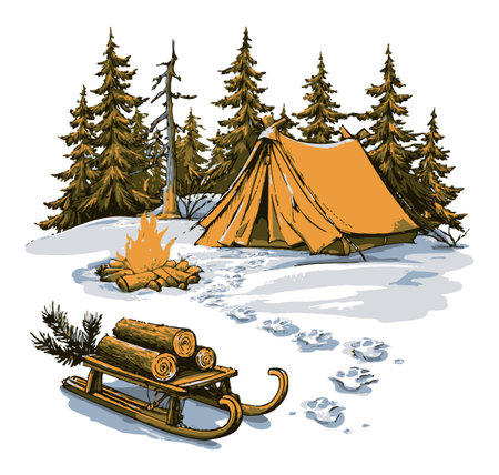 Enjoy a cozy winter camping scene featuring a bright orange tent, crackling campfire, and a wooden sleigh with logs in a snowy forest setting.のイラスト素材